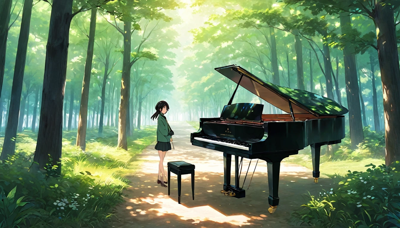 青い紅葉のwoodの下置かれた黒いグランドピアノ、wood々の間からwood漏れ日がキラキラしている、Makoto Shinkai-style anime touch、Deep green forest、1 grand piano