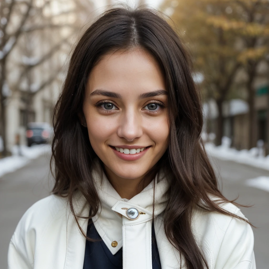 one cute women, 32YO, white, cute face, realistic light brown eyes, blue jacket, black hair, cute smile, skinny face, white realistic teethes, big eyes, long hair, no hands