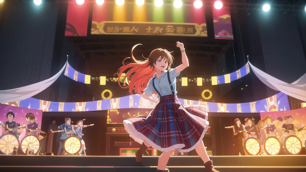 An anime-style illustration featuring a female character dancing to Bluegrass music. The character has long, flowing hair and is wearing a traditional bluegrass outfit with a plaid shirt, denim skirt, and cowboy boots. She is energetically dancing with a joyful expression. The background is a lively outdoor scene with a wooden stage, colorful banners, and a cheering crowd, capturing the energetic spirit of a bluegrass festival. The scene is vibrant and colorful, with detailed shading and gradients to add depth, and the character's eyes and facial expressions are emphasized to convey emotion.