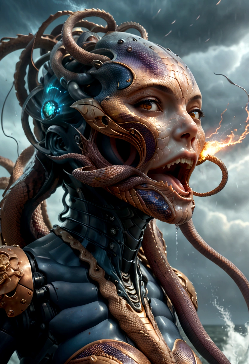 lady Kraken in stunning movement, wrath expression punching a vessel-boat as nebula explosion, face-skin is snake-skin, face focus, cried out, metal-scaled body-skin, high tide, thunder-storm background, ultra shots photographic, hyper detailed, ultra-speed shot, dimmed light, UHD, 16k, epicrealism, masterpiece, perfect image, perfect color.