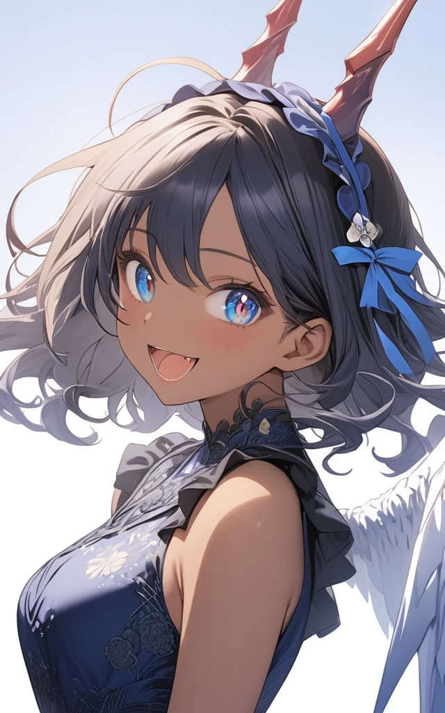 score_9, score_8_up, score_7_up, best quality ,masterpiece, 4k, Japanese anime, 1girl, (dark skin:1.2), navy blue hair, medium length hair, blue ribbon, drill hair, wavy hair, (mechanical dragonhorn:1.5), (mechanical wing:1.2), (eye lashes:1.3), (eye shadow:1.3), blue eyes, (beautiful detailed eyes:1.4), laugh, 130cm tall, original character, fantasy, (white background:1.2), (full body:1.8), beautiful fingers, standing, (blue black lace frill armor dress:1.5), (mechanical headdress:1.5) , shoot from front, looking at viewer ,