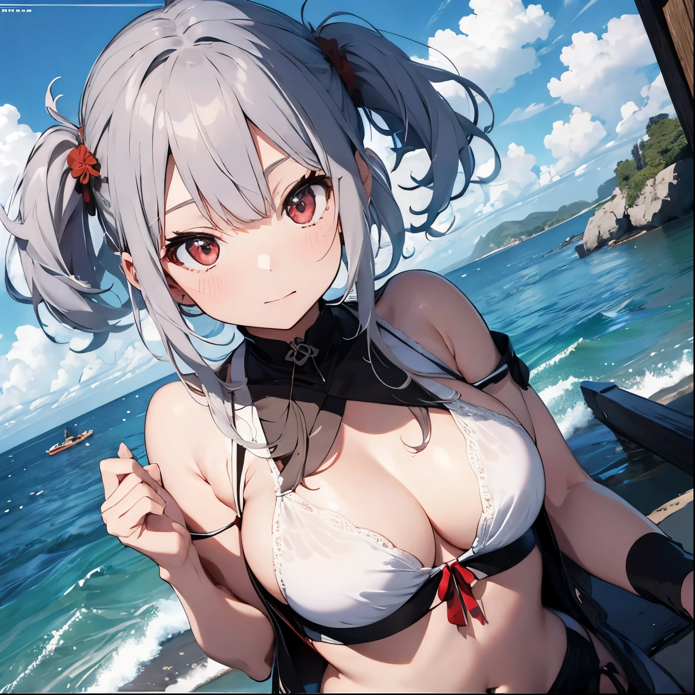 Silver-haired girl drawn in high resolution Japanese anime style、whole body、Women in red bikinis taking photos on a deserted beach, Bikini Model, , A young and cute gravure idol, Posing together in a bra, Russian and Japanese mix, sakimichan, Asian woman, Wear a swimsuit, that'that'that'that'that'that'that'that'that'that'that'that'that'that'that'that'that'that'It's hot with the shining sun, Japanese Model, Cute Core, sakimichan hdri, Young Gravure Idol, Chubby