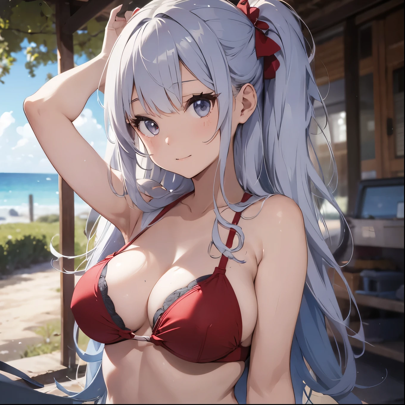 Silver-haired girl drawn in high resolution Japanese anime style、whole body、Women in red bikinis taking photos on a deserted beach, Bikini Model, , A young and cute gravure idol, Posing together in a bra, Russian and Japanese mix, sakimichan, Asian woman, Wear a swimsuit, that'that'that'that'that'that'that'that'that'that'that'that'that'that'that'that'that'that'It's hot with the shining sun, Japanese Model, Cute Core, sakimichan hdri, Young Gravure Idol, Chubby