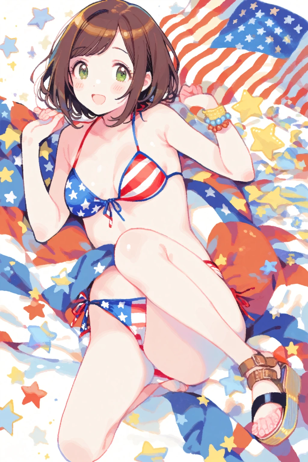 1girl, maekawa miku, idolmaster, tegaki, solo, brown bob_cut, Green_eyes, (American Flag bikini:1.2), full body