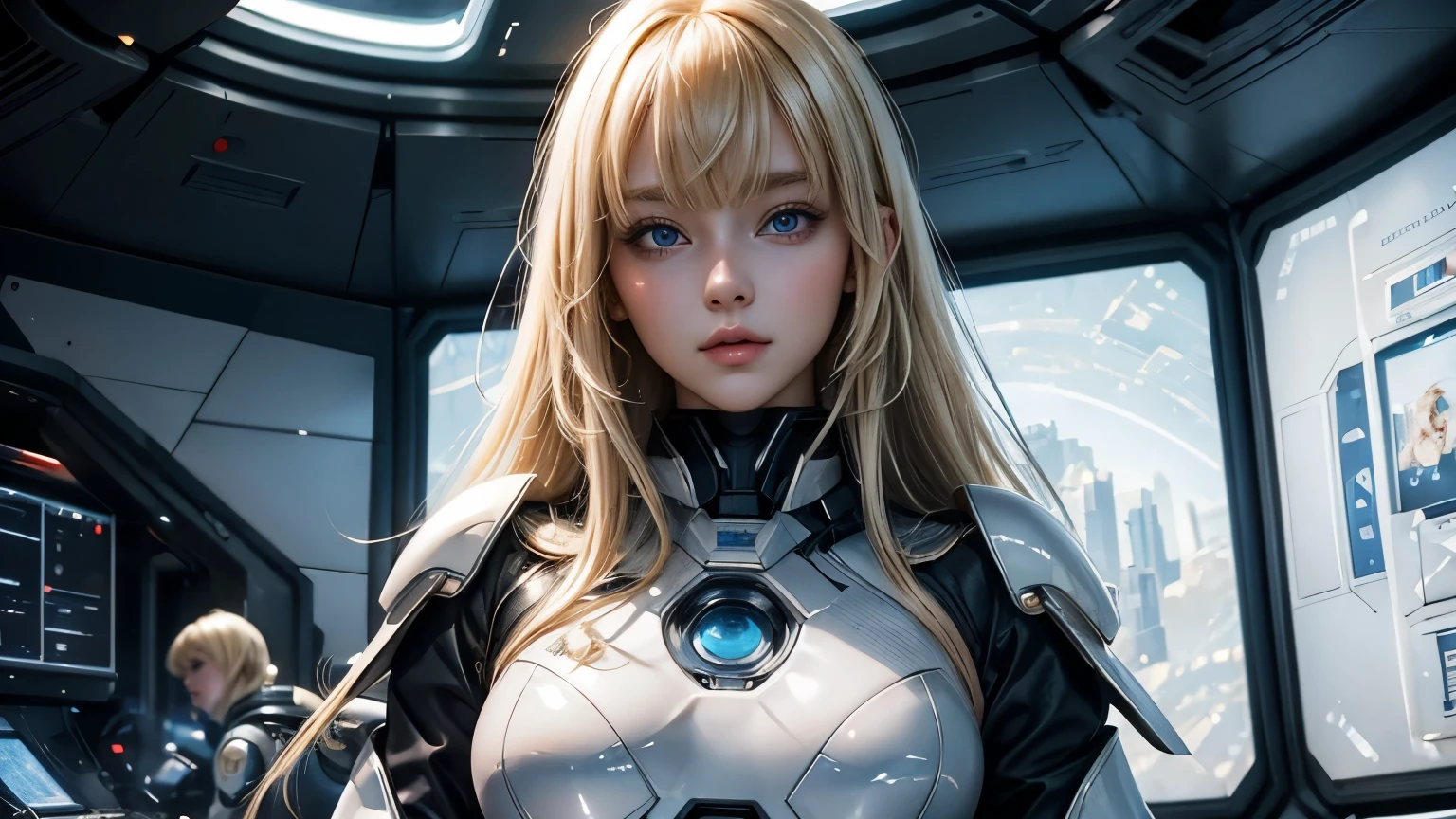One beautiful woman。Blonde hair and blue eyes。Twenty years old。She has her bangs down。Detailed drawing of faces。Beautiful double eyelids。Straight nose。Well-shaped lips。She wears a metallic white battle suit.。She sits at the command center of a spaceship.。
