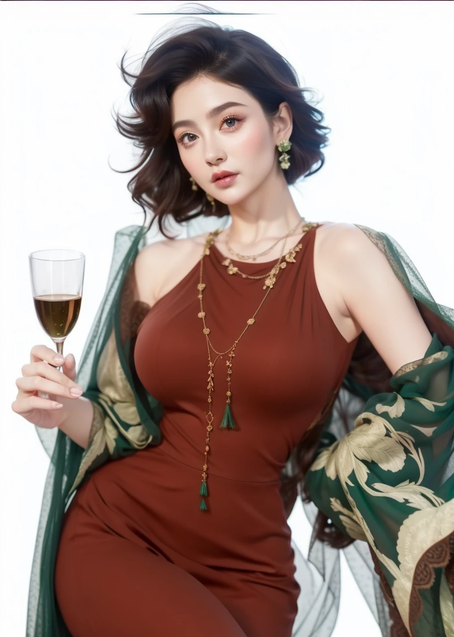 (green dress:1.2),1girl,hourglass body shape,waist up,beautiful detailed eyes,beautiful detailed lips,extremely detailed face,long eyelashes,detailed intricate dress,natural lighting,vibrant colors,soft focus,photorealistic,8k,extremely detailed,masterpiece