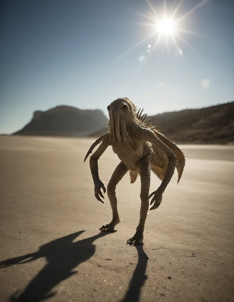 RAW photo, stylized by Alan Bean, photograph, landscape of a (bizarre otherwordly creature:1.2) in the distance there is a Hotel, dense indoors, Sunny, Suffering, Beautifully Lit, Slow Shutter Speed, Hasselblad, Depth of field 100mm