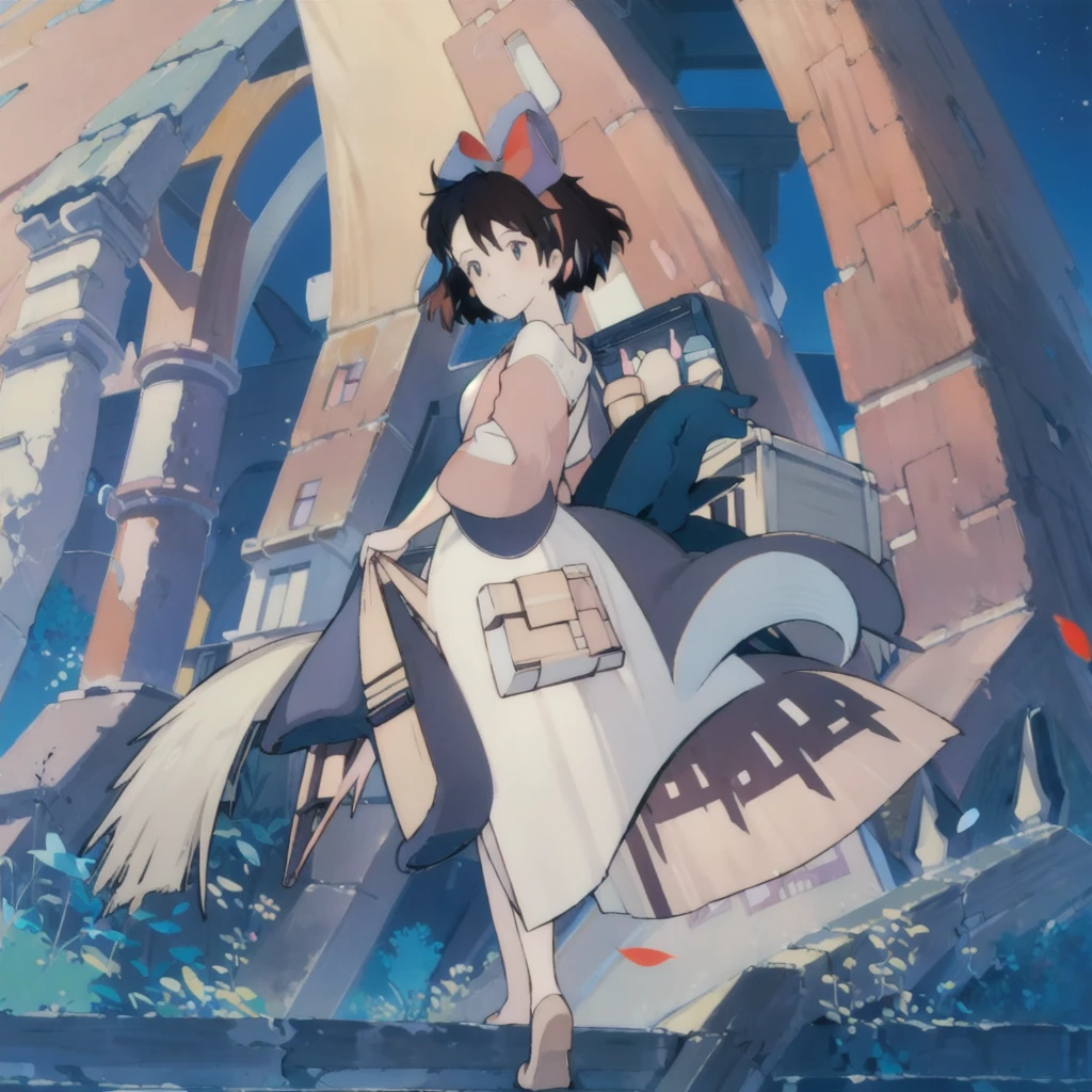 (masterpiece:1.4), (best quality:1.4), (high resolution:1.4),girl, anime girl standing put hans over futuristic balcony , its a daylight urban garden viewed behind girl's back , black robe, red hair bow, silver hair, straight haircut, long hair cut, straight bangs, shoulder bag, she has red light eyes, red with white undertone colour of girls eyes, lace, leather, diamons, geometric petals, multicolored diamond petal accents, very detailed clothing design, ultra high resolution of outfit parts