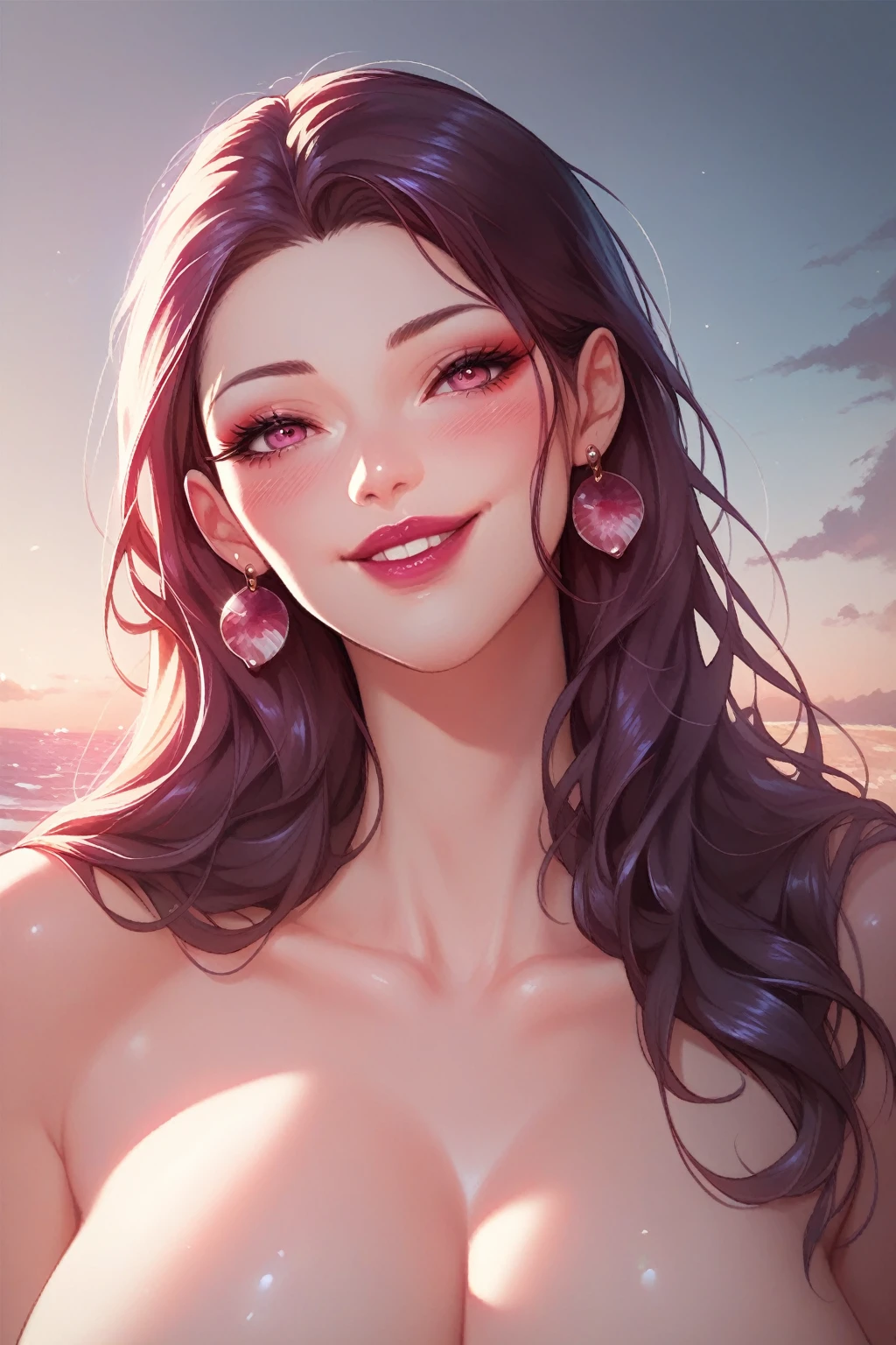 beautiful sexy woman, early 30s, long hair, wearing a orchid lei, on a beach, pacific sunset,huge breasts, makeup , lipstick , realistic magenta eyes, perfect face, jawline , earrings ,blush, shadow , smiling