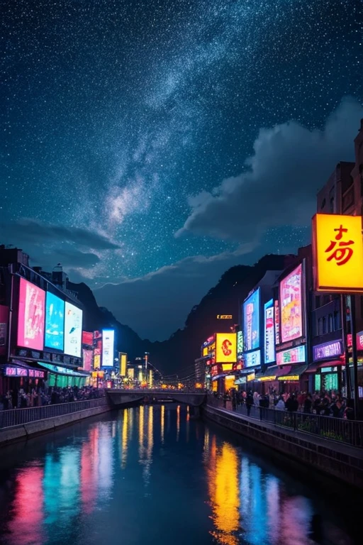 highest quality、Landscape painting、Neon lights in the city、Starry Sky、moon
