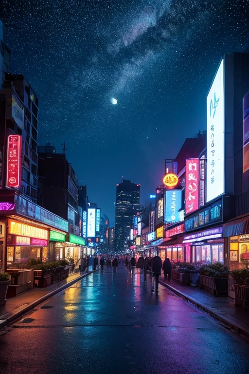 highest quality、Landscape painting、Neon lights in the city、Starry Sky、moon