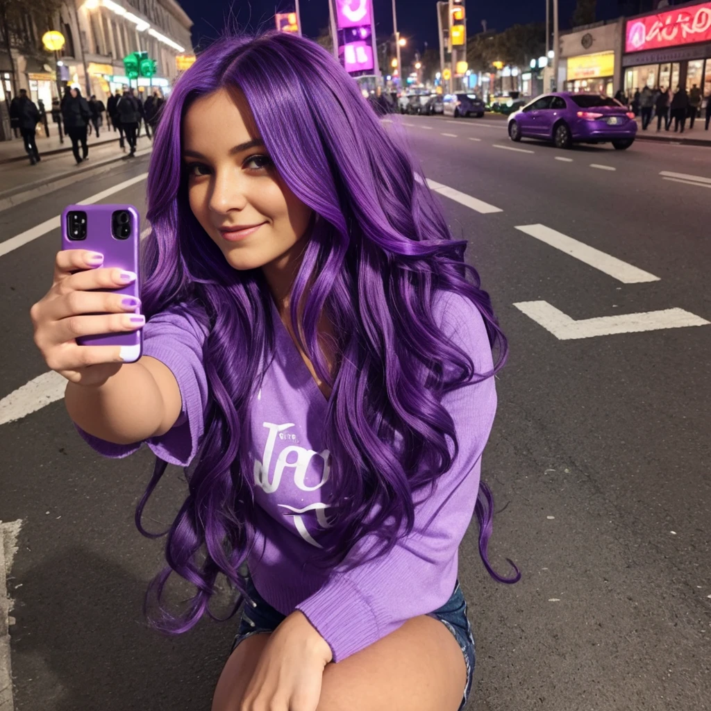 selfie of a woman with long wavy neon purple hair. Elle est dans la rue sourit et regarde la caméra. Elle sourit .