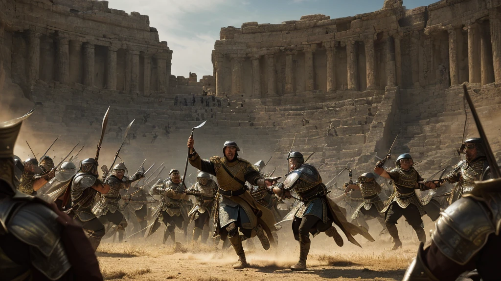 a powerful ancient military commander leading a large army, epic battle scene, intense combat, outnumbered but victorious, strategic maneuvers, sword fighting, spear throwing, soldiers clashing, dramatic lighting, cinematic, digital art, highly detailed, realistic
