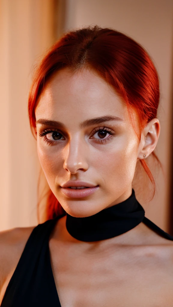 Realistic portrait of a 25-year-old woman. Red hair, beautiful woman, very natural face, perfect beauty, mix of Nathalie Portman and Ariana grande's face. High resolution, 4k