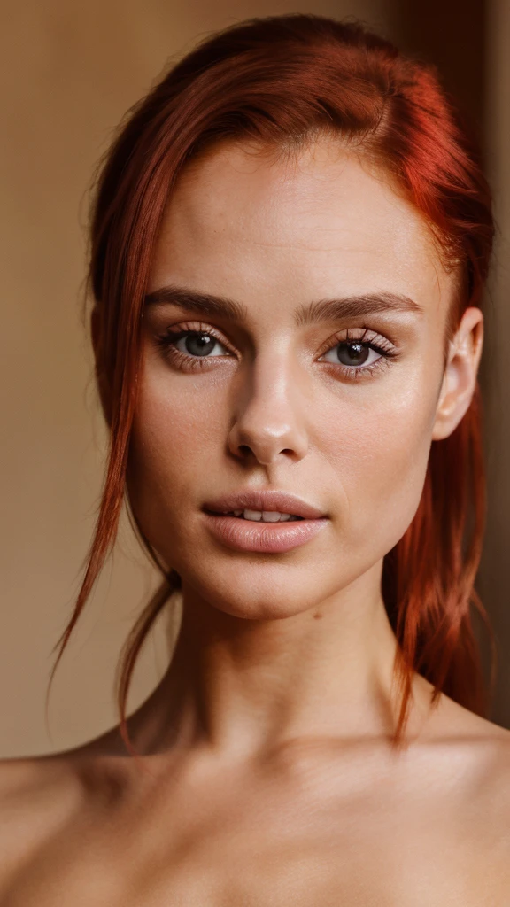 Realistic portrait of a 25-year-old woman. Red hair, beautiful woman, very natural face, perfect beauty, mix of Nathalie Portman and Ariana grande's face. High resolution, 4k