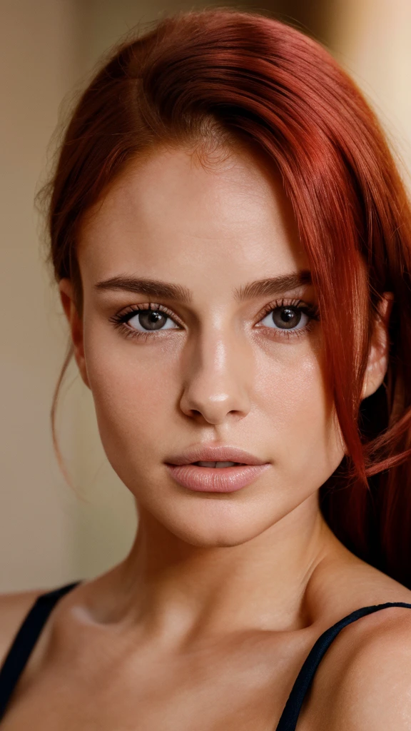 Realistic portrait of a 25-year-old woman. Red hair, beautiful woman, very natural face, perfect beauty, mix of Nathalie Portman and Ariana grande's face. High resolution, 4k