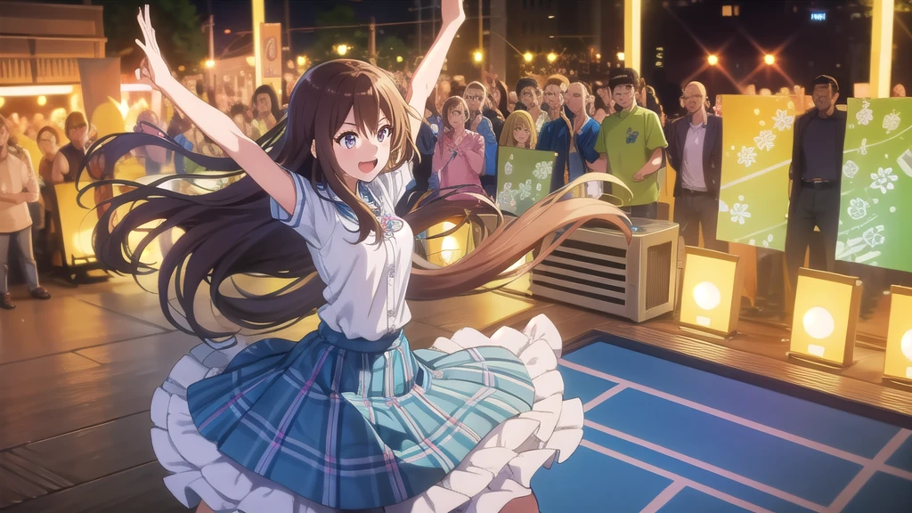 An anime-style illustration featuring a female character dancing to Bluegrass music. The character has long, flowing hair and is wearing a traditional bluegrass outfit with a plaid shirt, denim skirt, and cowboy boots. She is energetically dancing with a joyful expression. The background is a lively outdoor scene with a wooden stage, colorful banners, and a cheering crowd, capturing the energetic spirit of a bluegrass festival. The scene is vibrant and colorful, with detailed shading and gradients to add depth, and the character's eyes and facial expressions are emphasized to convey emotion.