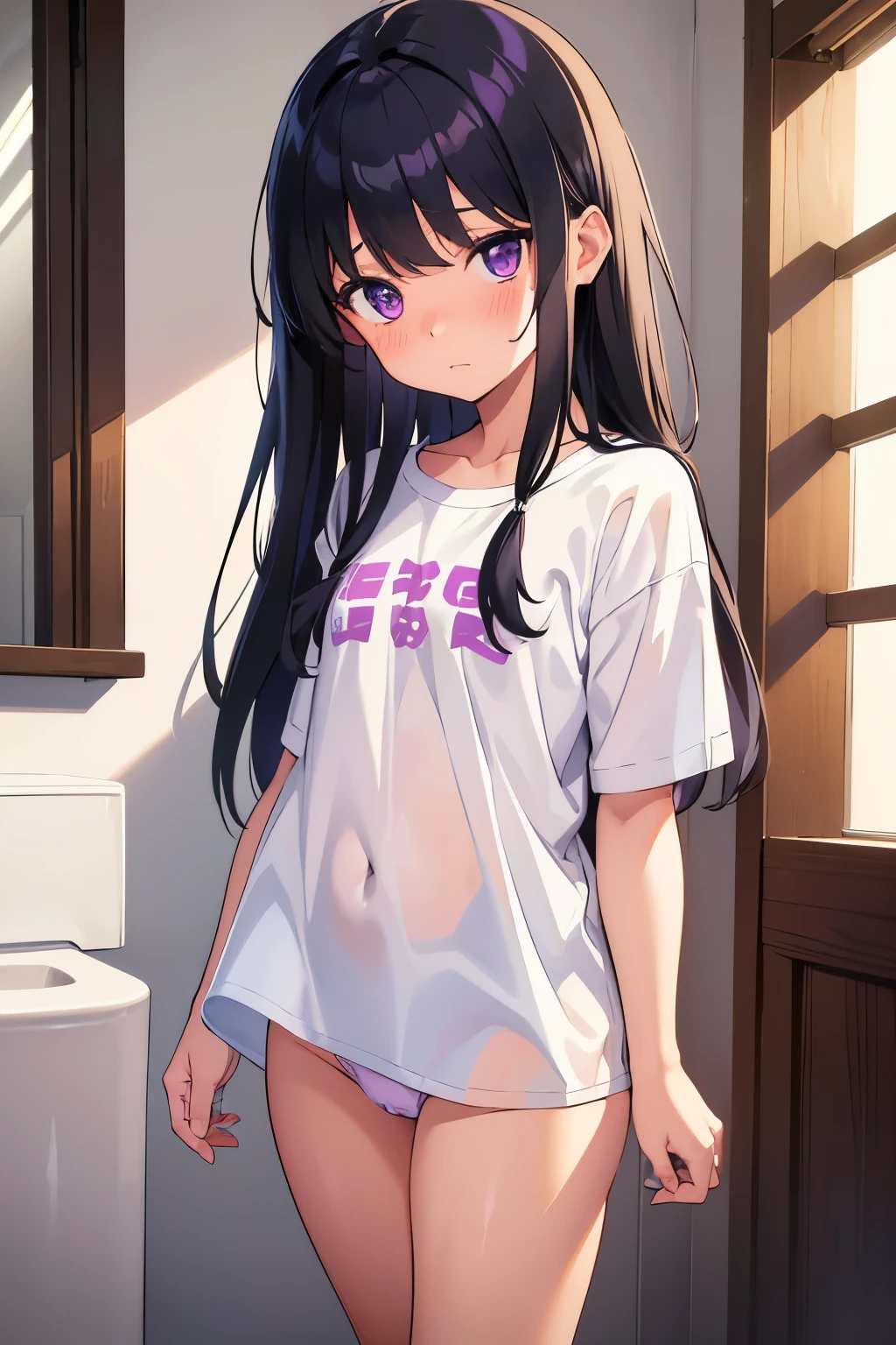 , 8 years old, flat chest,ir, long hair, purple eyes, embarrassed expression（one person） Upper body: large, plain white Y-shirt, front of Y-shirt open, lower body: white panties（（I can see her panties））Barefoot, morning, bathroom, touching hair in front of mirror, dynamic angle, low angle