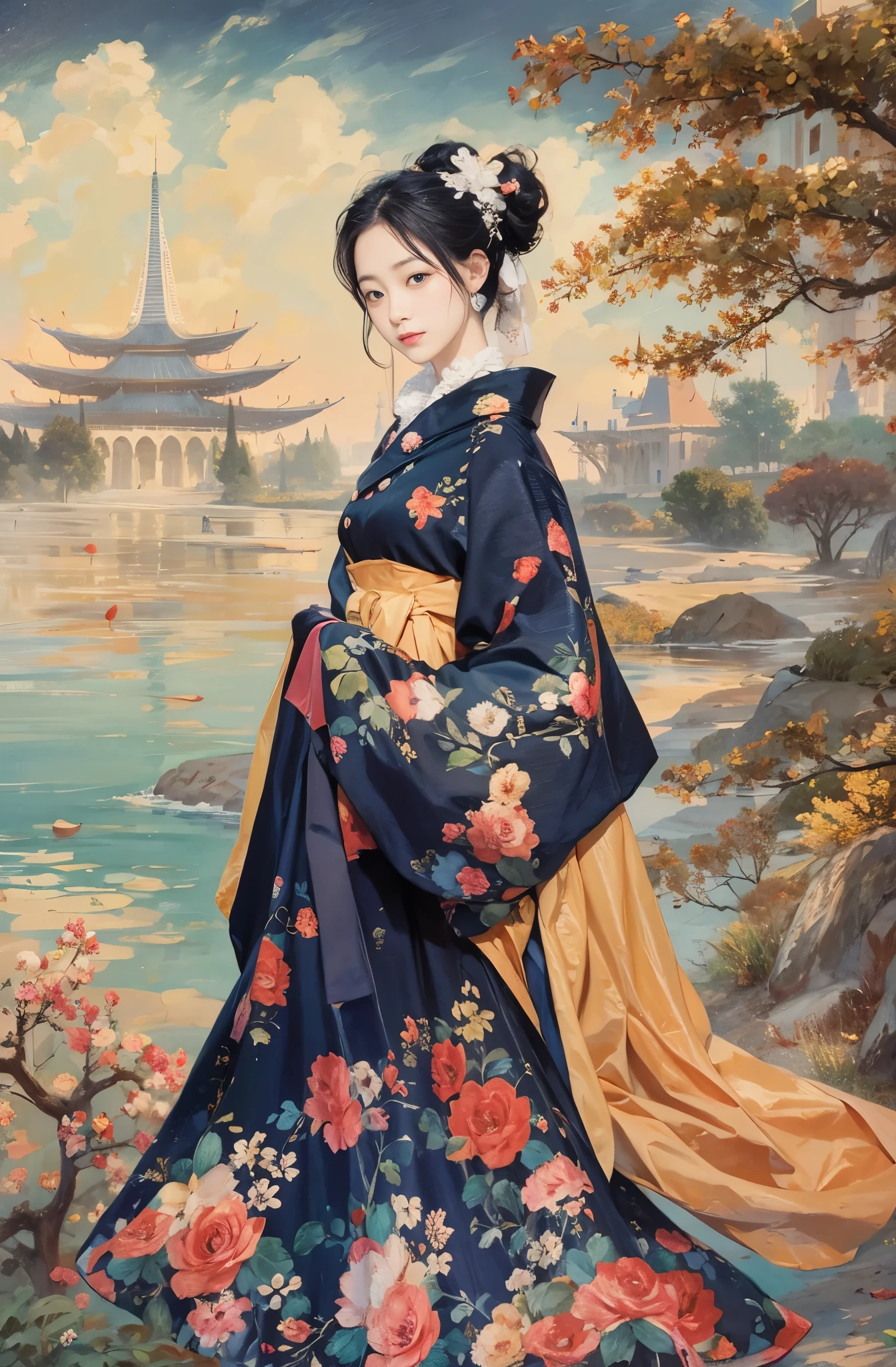 Chopin's Nocturne(Nocturne)Imaging the key of C sharp , Taisho Romance, In the Imperial City of Tokyo, A fantastic atmosphere, Between dream and reality, Fashion model Sayoko Yamaguchi, Beautiful dark-haired woman standing, Beautiful bob cut, Very sharp beauty, A woman from a distinguished family in the 1920s, pretty much beautiful face, Sharp eyes with slit length, Very delicate and beautiful eyes, Captivating woman, Very stylish woman, Elegant and noble beauty, Beautiful and stylish kimono, A woman who looks about 27 years old, Five-fingered hand, A profusion of flowers, Gorgeous and luxurious, Chen Yifei, Painting of a Lady, A profusion of flowers, Vivid and colorful paintings, Glamorous and luxurious, Kyoto scenery, Paintings from Nakahara Nantenbo, tumbler, shin hanga, kimi takemura, deayami kojima, Yoshitomo Nara, chiho ashima, Aoi Ogata, kiyoko suzuki, Ishida Sui with black hair, Chen Yifeiに影響を与えた作品, Works that influenced Francesco Hayes, Inspired by Hendrik Terbruggen, Jean=Works that influenced Auguste Dominique Ingres, Works that influenced Liu Jun, Jean=Works that influenced Auguste Dominique Ingres, artwork in the style of Switzerland, by ヤン・J, Switzerland, Beautiful Art UHD 4K, Detailed painting 4k, Beautiful digital art, Beautiful artwork illustration, Switzerland masterpiece, By Chen Yanjun, Lee Song, highest quality, The perfect angle, Perfect composition, Best Shot, Official Art, Cinematic Light, Figurative art, Beautiful and expressive paintings, Beautiful artwork illustration, wonderful, Cool Beauty, clear, Muromachi Fantasy, Mysterious, highest quality, Official Art, Extremely delicate and detailed painting style, Beautiful and subtle effects, Beautiful painting art, The pinnacle of beauty painting, Perfect light, Perfect composition, The perfect angle, Perfect subject, Best Shot, women only, Sharp contours, Face close-up