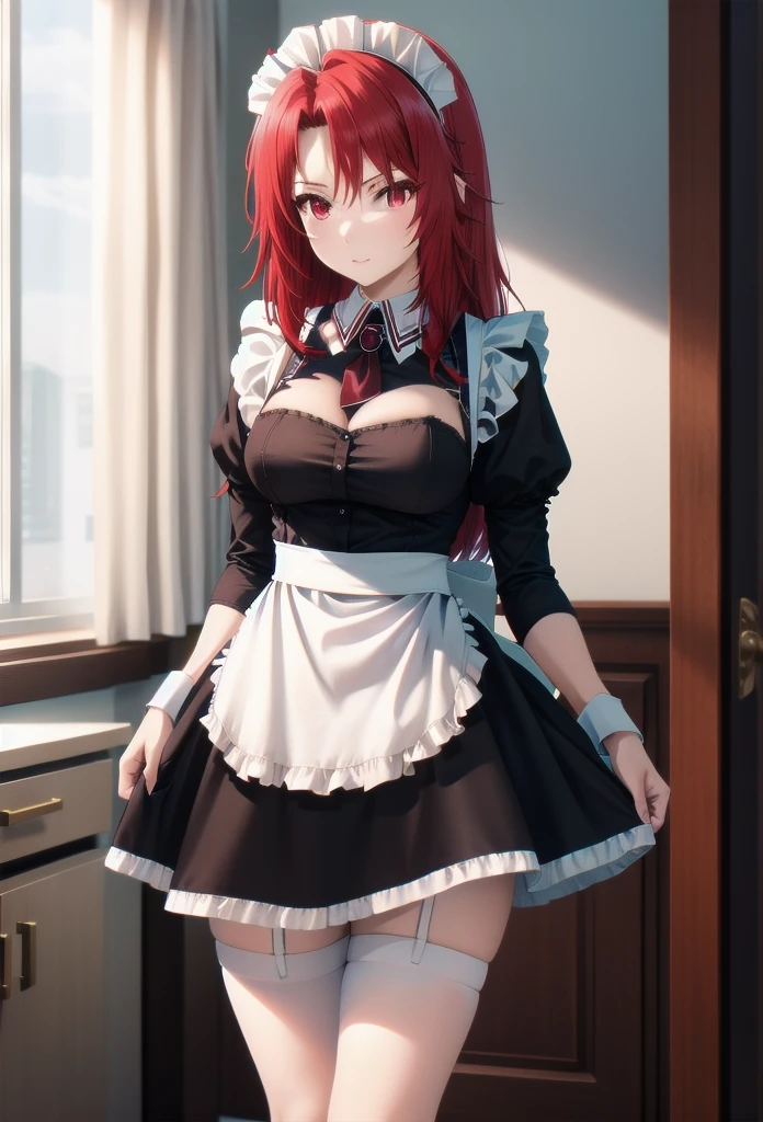 itsukinakano, itsuki nakano, bangs, blue eyes, hair between eyes, Ahoge, redhead, star \(symbol\), blush,embarrassing,hair ornaments,long hair,short braided hair, star hair ornaments,she was wearing a maid's long skirt,maid off shoulder uniform,bare shoulders,bare chest, white stockings on her legs, Lift the long skirt with both hands,
break indoors, coffee shop,
break (masterpiece:1.2), highest quality, High resolution, unity 8k wallpaper, (shape:0.8), (fine and beautiful eyes:1.6), highly detailed face, perfect lighting, Very detailed CG, (perfect hands, perfect anatomy),