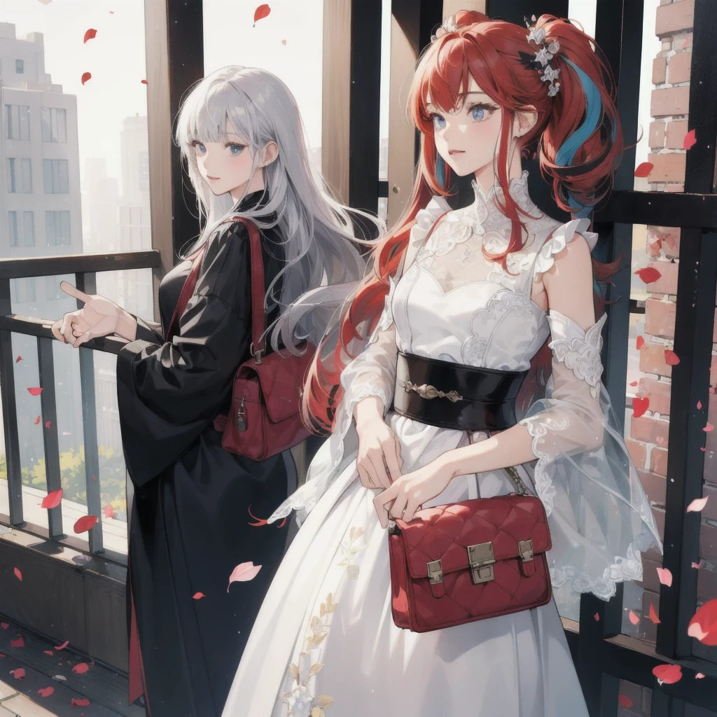 (masterpiece:1.4), (best quality:1.4), (high resolution:1.4),girl, anime girl standing put hans over futuristic balcony , its a daylight urban garden viewed behind girl's back , black robe, red hair bow, silver hair, straight haircut, long hair cut, straight bangs, shoulder bag, she has red light eyes, red with white undertone colour of girls eyes, lace, leather, diamons, geometric petals, multicolored diamond petal accents, very detailed clothing design, ultra high resolution of outfit parts