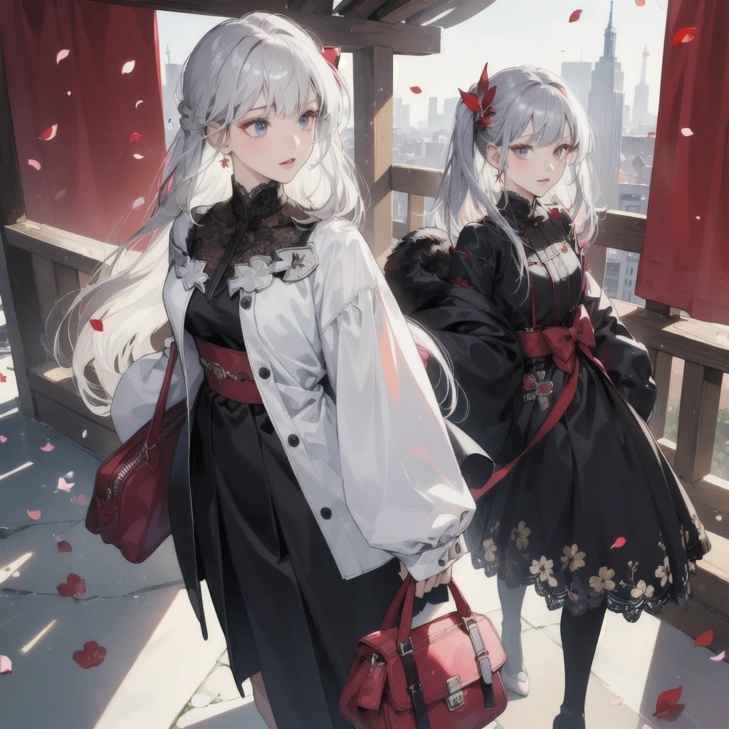 (masterpiece:1.4), (best quality:1.4), (high resolution:1.4),girl, anime girl standing put hans over futuristic balcony , its a daylight urban garden viewed behind girl's back , black robe, red hair bow, silver hair, straight haircut, long hair cut, straight bangs, shoulder bag, she has red light eyes, red with white undertone colour of girls eyes, lace, leather, diamons, geometric petals, multicolored diamond petal accents, very detailed clothing design, ultra high resolution of outfit parts