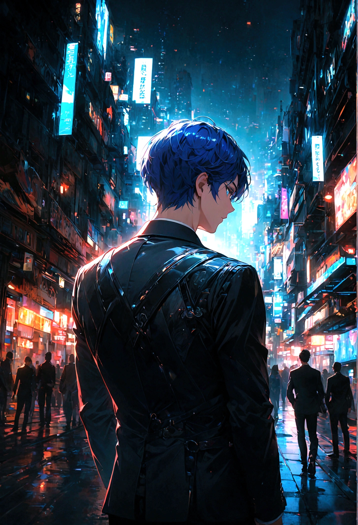 A man with blue hair and blue eyes in a black suit stood alone with his back turned halfway in the middle of the city at night.