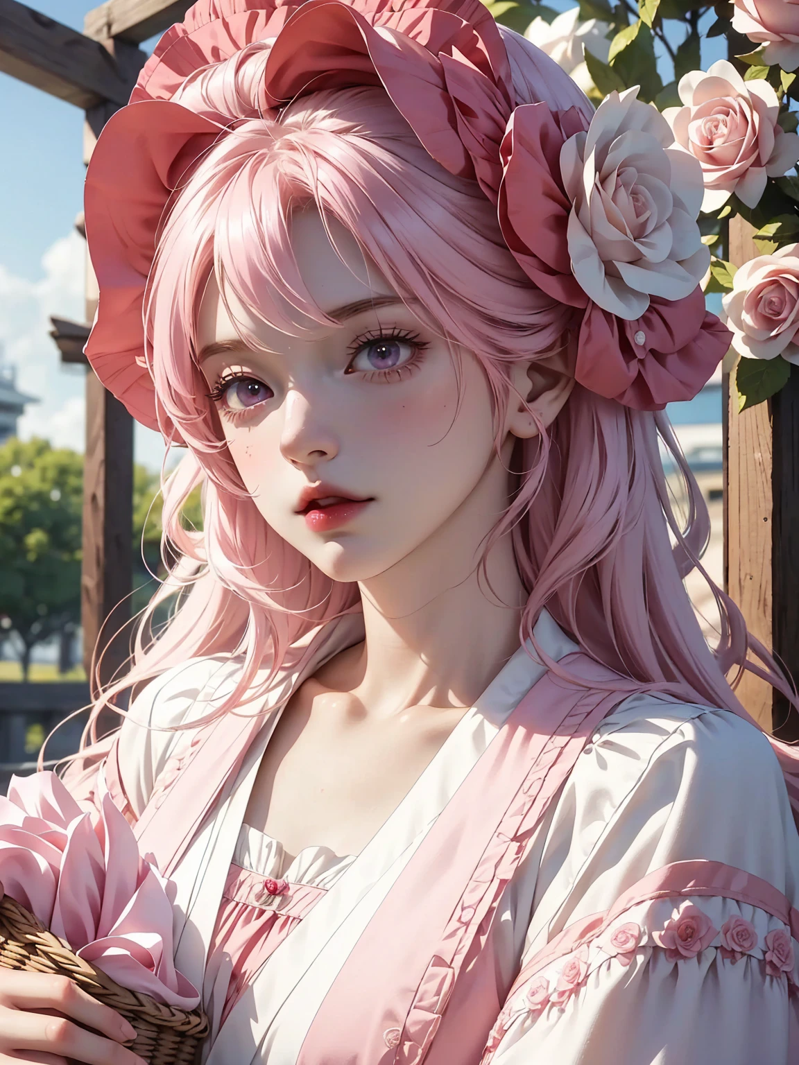 There was a girl with a basket of flowers on her head,Gorgeous and fashionable rose red clothes,Pink Hair, Realistic anime 3D style, Realistic animation girl render, 3D animation realistic, Anime styled 3d, Rendering a cute 3D anime girl, Realistic animation, surreal anime, Anime realism style, Anime style. 16K
