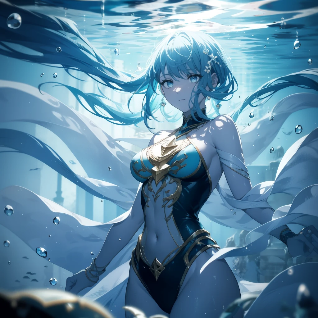 Name: Koravia
Element: Aquascend
Description: The Tidesong, Scion of the Whispers. She whispers secrets to the currents, commanding the tides to obey her will.
Prompt: (Blurred underwater scene, 1girl, Koravia), slightly wet hair, soft focus, gentle glow, sunken ruins in the background, sea life visible, waves in the foreground, sea spray mist, backlighting)