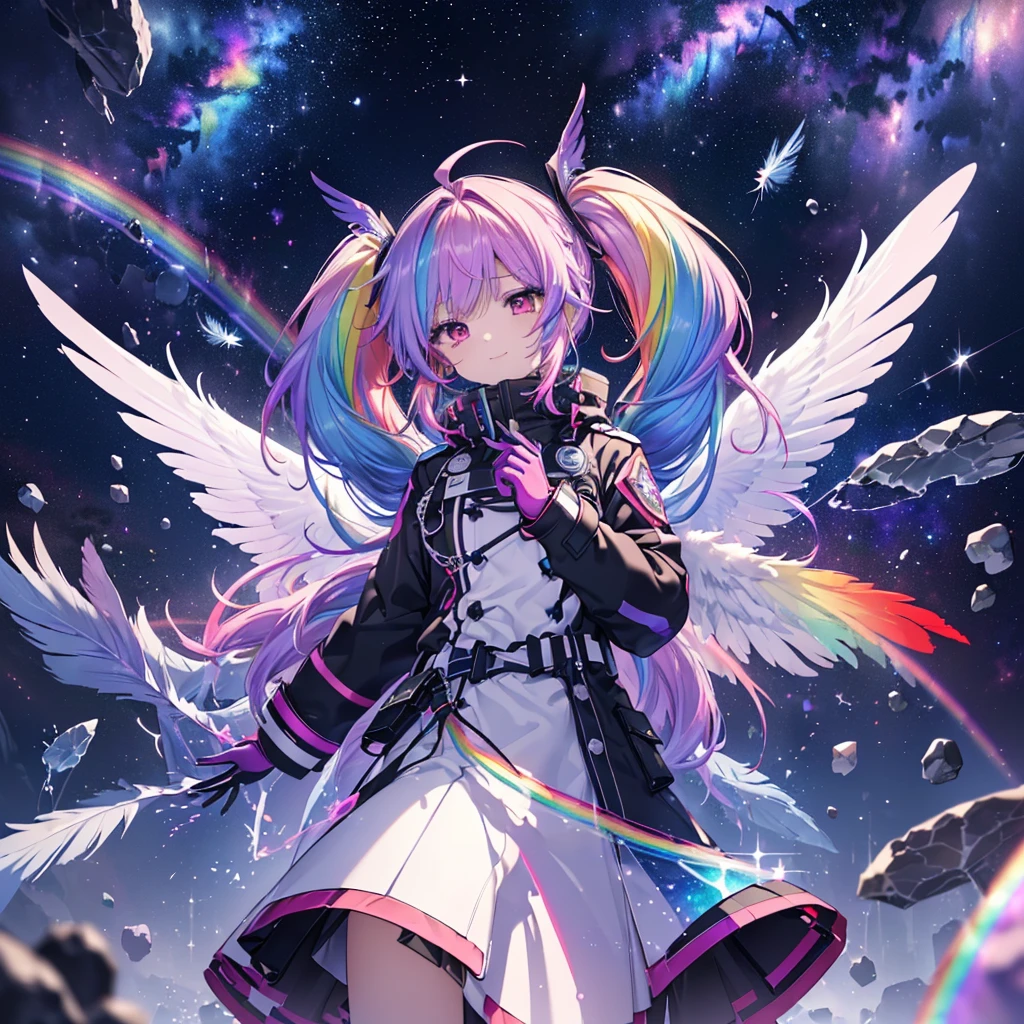 ((Archangel Fantasy Rainbow Hair Make your hair rainbow-colored on the inside Twin tails Dull red eyes Has a galaxy uniform Put on a coat without putting your arms through it Wings many times larger than mine rainbow gradient feathers Lonely Smiling Kindly front)) ((tears gloves)) (Broken glass Rolling Pebbles Distorted Space-Time star) Catch the wind milky way Shining Background Particles of light, rainbow colored edges star