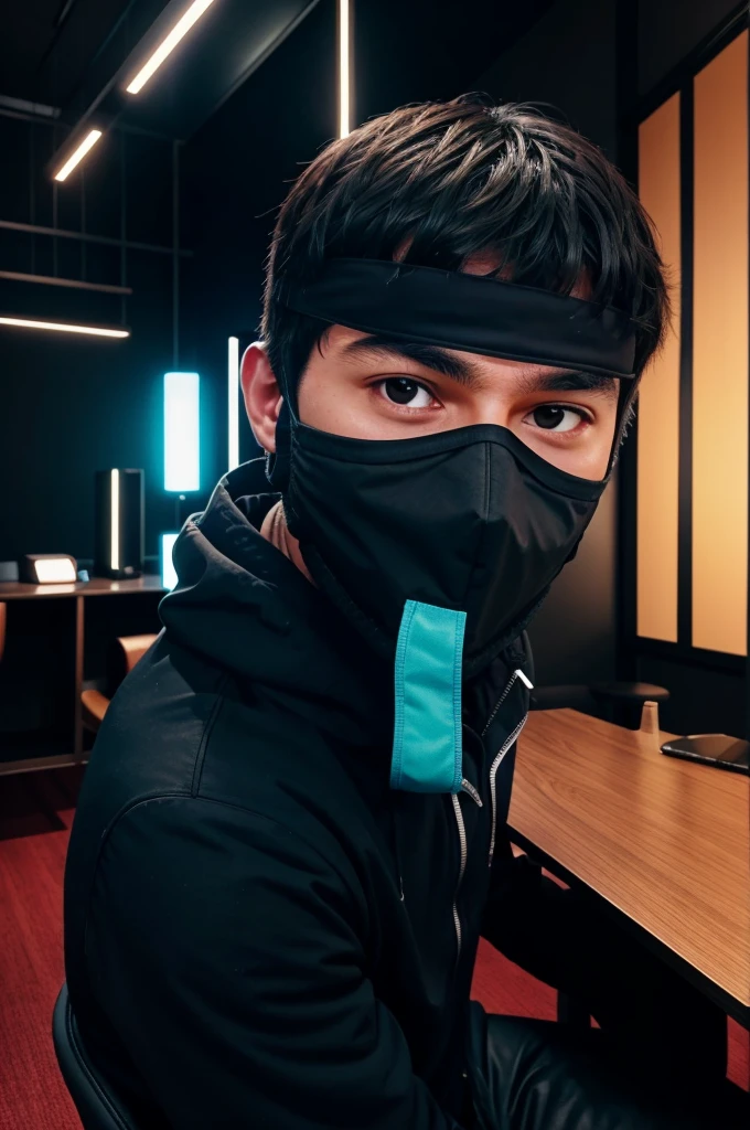 A men in with hidden face with mask sitting on table and chairs and background like you tube creator room with rgb light with low light