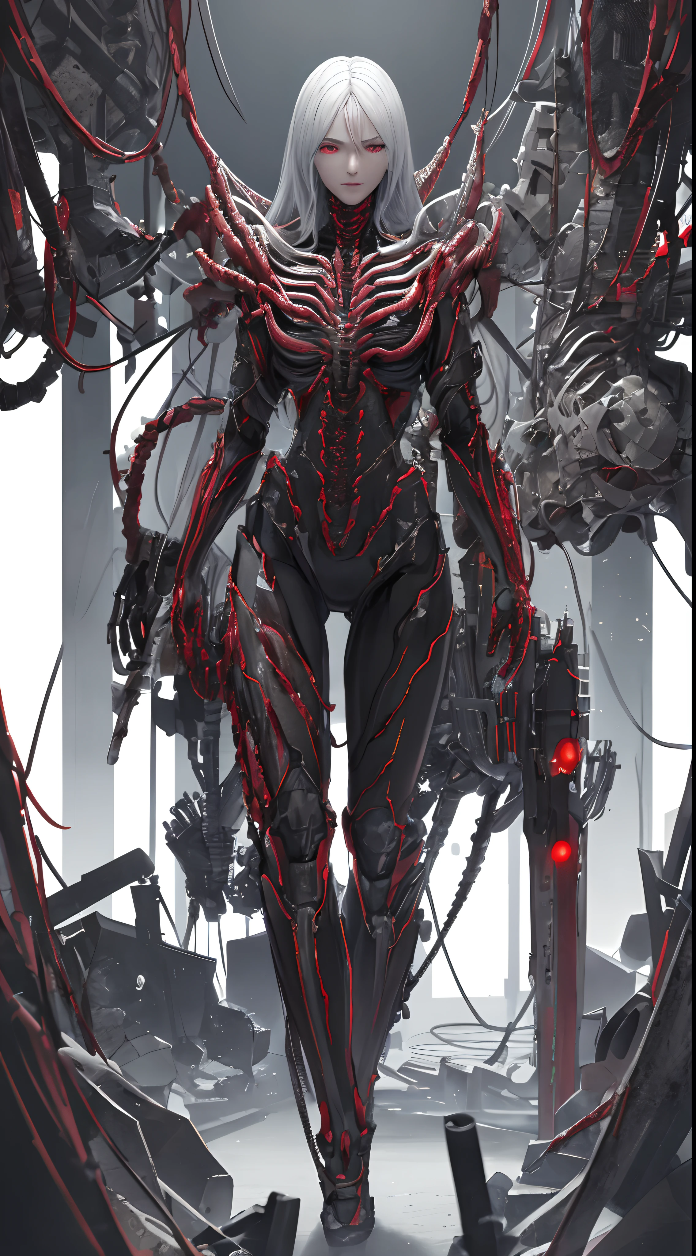 Full body like,1机械女孩,Ex Machina,photore,sensual female,Splashed hair, details,((hyper realistic detailed)),detailed face with,globalillumination,shadowing,rendering by octane,8K,Super sharp,metals,complex,Decorations detailed,cool colours,egypician detail,highly intricate detail,realistic raytraicing,trend in CGSociety,glowing light eyes,facing at the camera,neon light detail,Mechanical limbs,blood vessels attached to the tube,Mechanical submeter mounted on the neck,wires and cables connecting to head,Blood,Killing machines,combat state,(((tmasterpiece))),Full body like, ((best qualtiy)), (super detailing), (CG illustration), (Very evil and beautiful)), cinematric light, ((1 mechanical girl)), slips, (Mechanical art: 1.4), ((Mechanical limb)), (Blood vessel attached to tube), ((The mechanical spine is attached to the back)), ((The mechanical cervical vertebrae are attached to the neck), (facing away from the audience)), face expressionless, ( wires and cables attached to head and body: 1.5), scientific fiction, apocalytic, ruins, (lower body integrated with mechanical devices), (bloods: 1.5), brutality, hoang lap, , fusion with machines, Doomsday time, Super Future, inorganic, Lab Room, restraind, (Beautiful indulgence: 1.2), (1 rapariga: 1.3),Bursting blood vessels,blood splattere, body wrapped around mechanical tentacles,combat state,Forked legs fall from the sky,The action of landing,Assassinate with a dagger,Killing machines,The camera looks up,