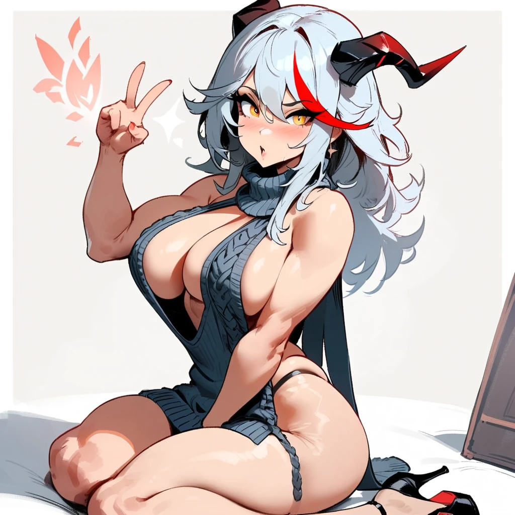 1girl, aegir \(azur lane\), azur lane \\\\\ masterpiece, best quality, very aesthetic, absurdres, newest \\\\\\ perfect anatomy, slim body, ,perfect hands, , , \\\\\\ by nyantcha,,by cutesexyrobutts,by khyle ///// white background, , , silvery white hair with a single prominent red streak , black horns, , virgin killer sweater, yellow eyes, drunk,, , big tits,,, heels,sit,splash art
