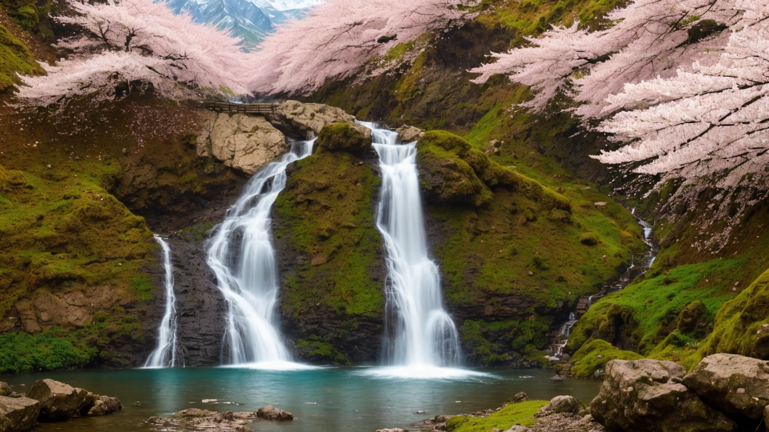 nature, antumn, Mountains and forests, rain, cherry blossom, waterfall