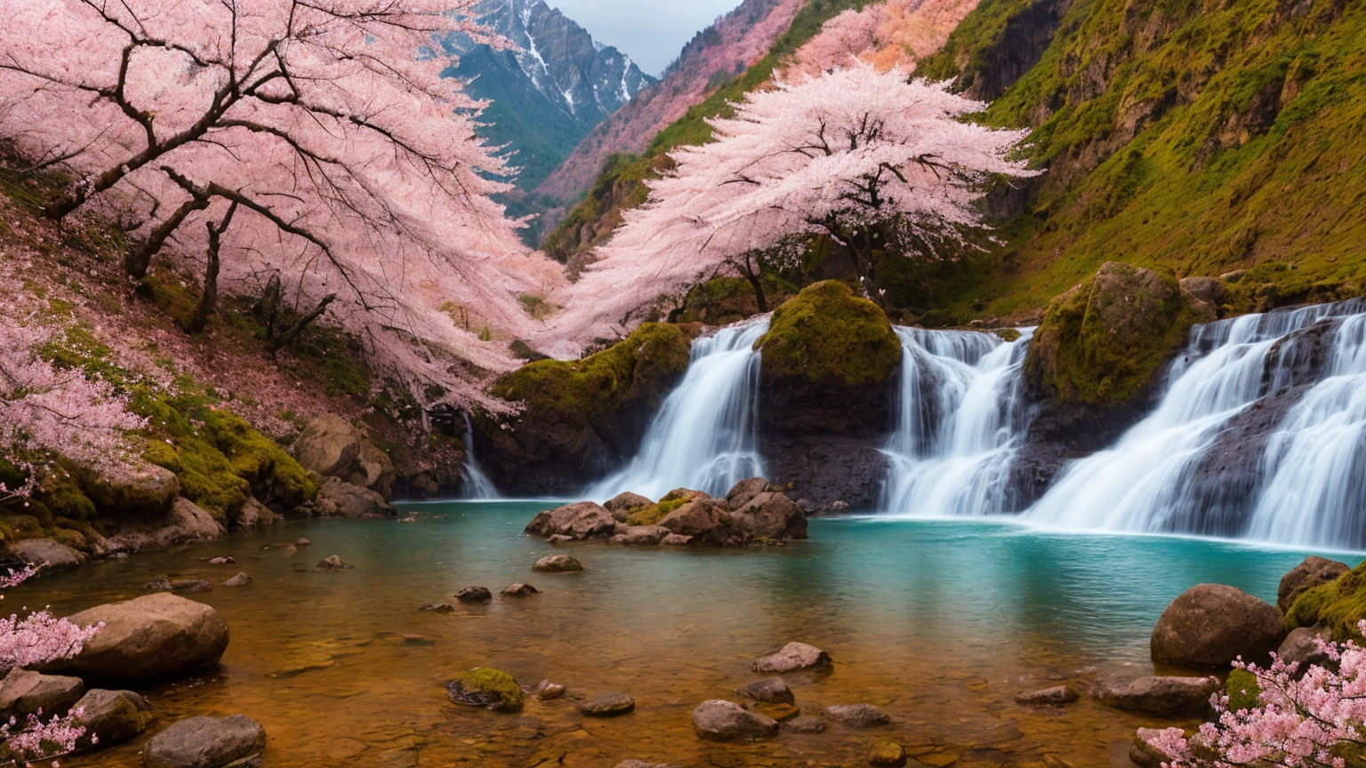 nature, antumn, Mountains and forests, rain, cherry blossom, waterfall