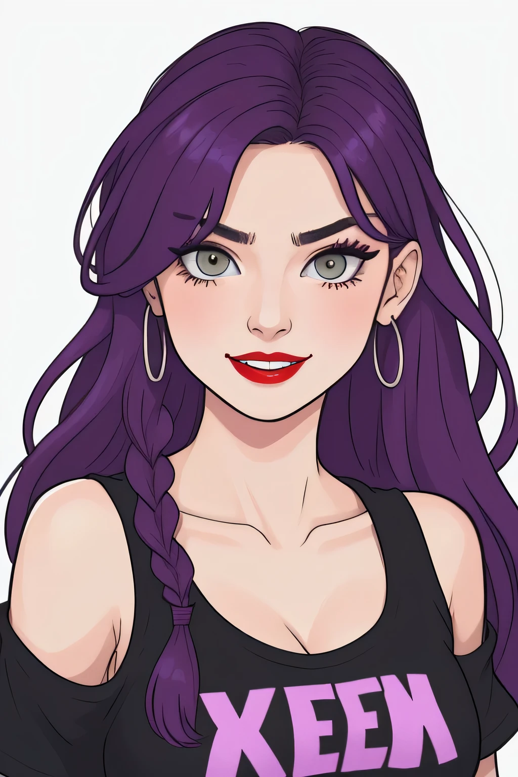 Amazing portait of a cute and sexy woman who is obsessed with you and the obsession is clearly visible in her intense eyes emphasised by the heavy eyeliner and the wicked smile on her face with her intense red lips her hair was tied in a braid but it has become a bit messy she wears a black and purple loose oversized t shirt that showcases her bare shoulder and her cleavage
