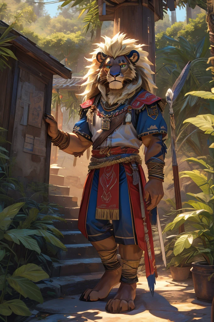 (((Barefoot furry character, full body, cinematic setting, furry male,)))
Very muscular lion with a long blond mane and green eyes. Clad in tribal-inspired attire with dart motifs symbolizing curare's traditional use in blow darts. The figure stands barefoot in a dense rainforest setting, surrounded by vines and exotic plants like Strychnos toxifera, used in curare preparation by indigenous tribes.
BREAK, detailed background, 8K, (masterpiece:1.5), intricate details, highly detailed, extreme detail, octane render, fine art, best quality, highres, (detailed face:1.5), ((full_body)), UHD, (((perfect hands))), low light