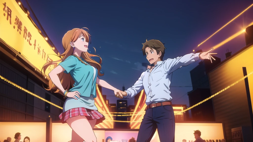 An anime-style illustration featuring a female character dancing to Bluegrass music. The character has long, flowing hair and is wearing a traditional bluegrass outfit with a plaid shirt, denim skirt, and cowboy boots. She is energetically dancing with a joyful expression. The background is a lively outdoor scene with a wooden stage, colorful banners, and a cheering crowd, capturing the energetic spirit of a bluegrass festival. The scene is vibrant and colorful, with detailed shading and gradients to add depth, and the character's eyes and facial expressions are emphasized to convey emotion.