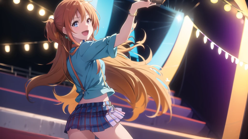 An anime-style illustration featuring a female character dancing to Bluegrass music. The character has long, flowing hair and is wearing a traditional bluegrass outfit with a plaid shirt, denim skirt, and cowboy boots. She is energetically dancing with a joyful expression. The background is a lively outdoor scene with a wooden stage, colorful banners, and a cheering crowd, capturing the energetic spirit of a bluegrass festival. The scene is vibrant and colorful, with detailed shading and gradients to add depth, and the character's eyes and facial expressions are emphasized to convey emotion.