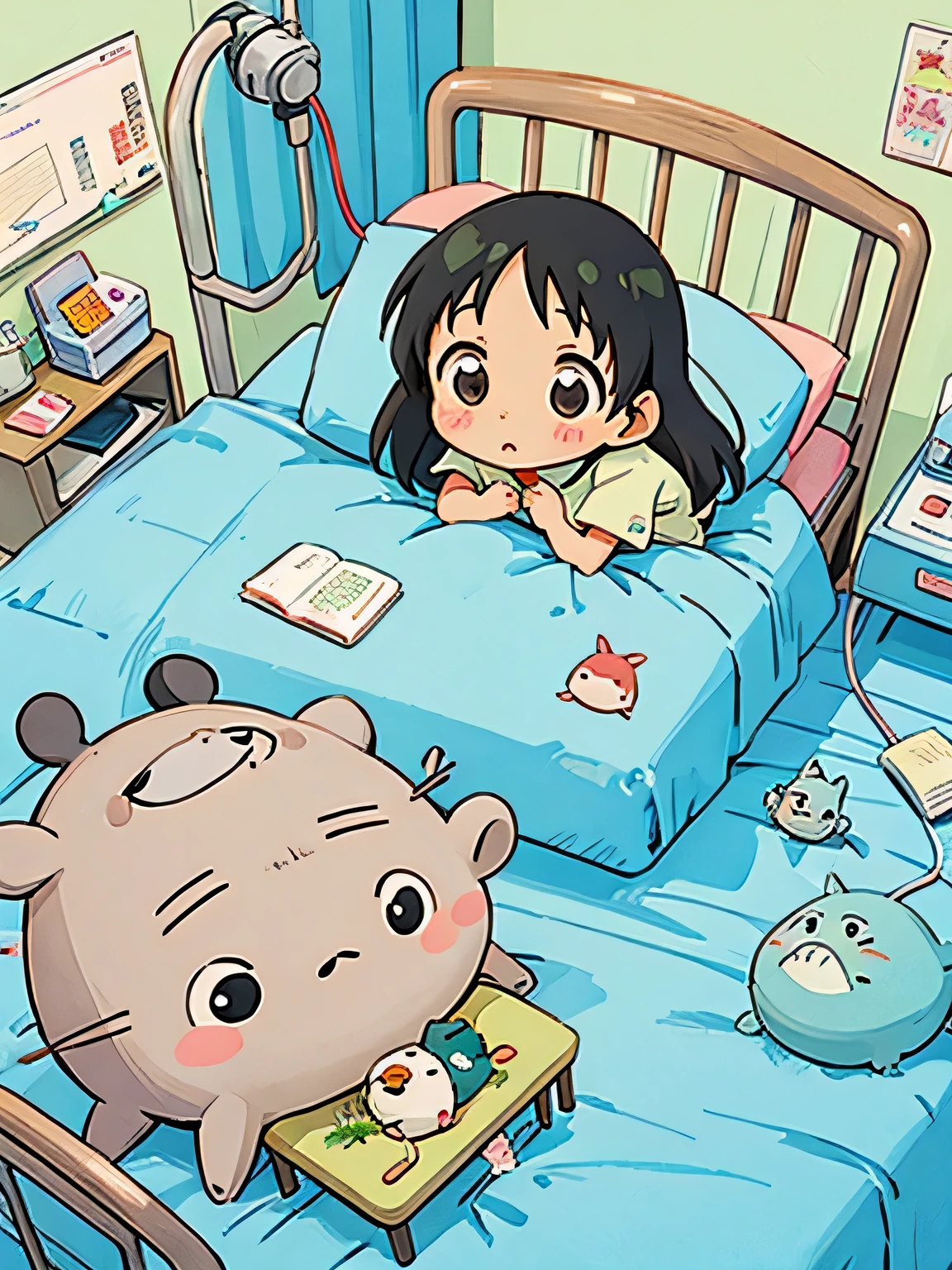 Hayao Miyazaki style, Kawaii Design, most beautiful girl ever、Chibi, playing , TOTORO, hospital bed