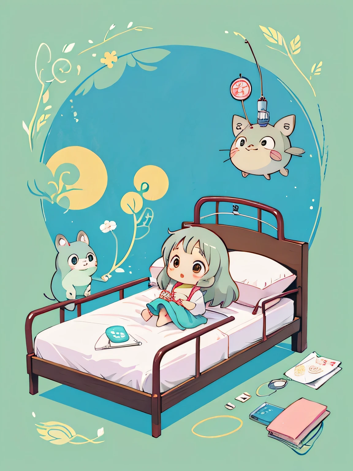 Hayao Miyazaki style, Kawaii Design, most beautiful girl ever、Chibi, playing , TOTORO, hospital bed