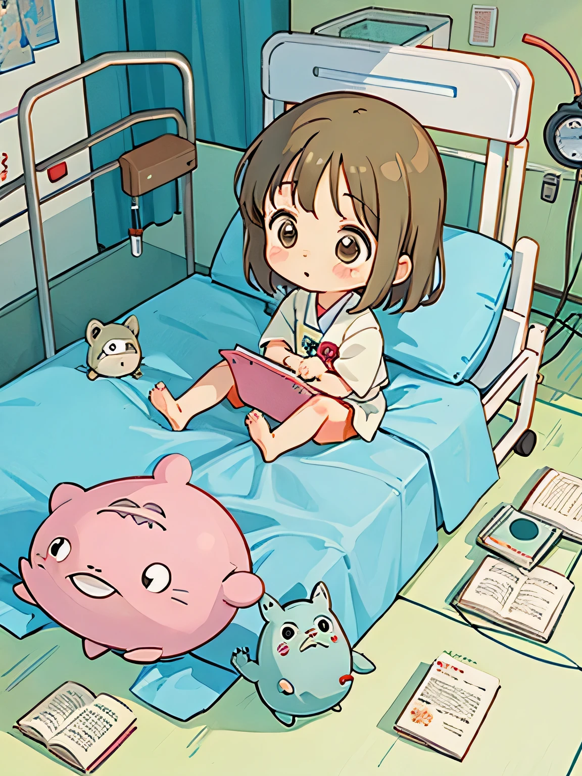 Hayao Miyazaki style, Kawaii Design, most beautiful girl ever、Chibi, playing , TOTORO, hospital bed