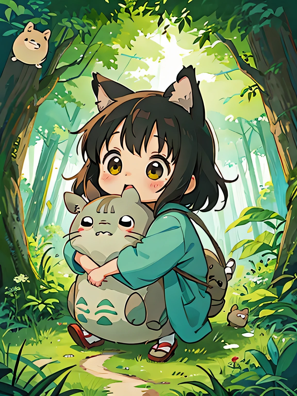 Hayao Miyazaki style, Kawaii Design, most beautiful girl ever、Chibi, huging with TOTORO, Totoro Forest