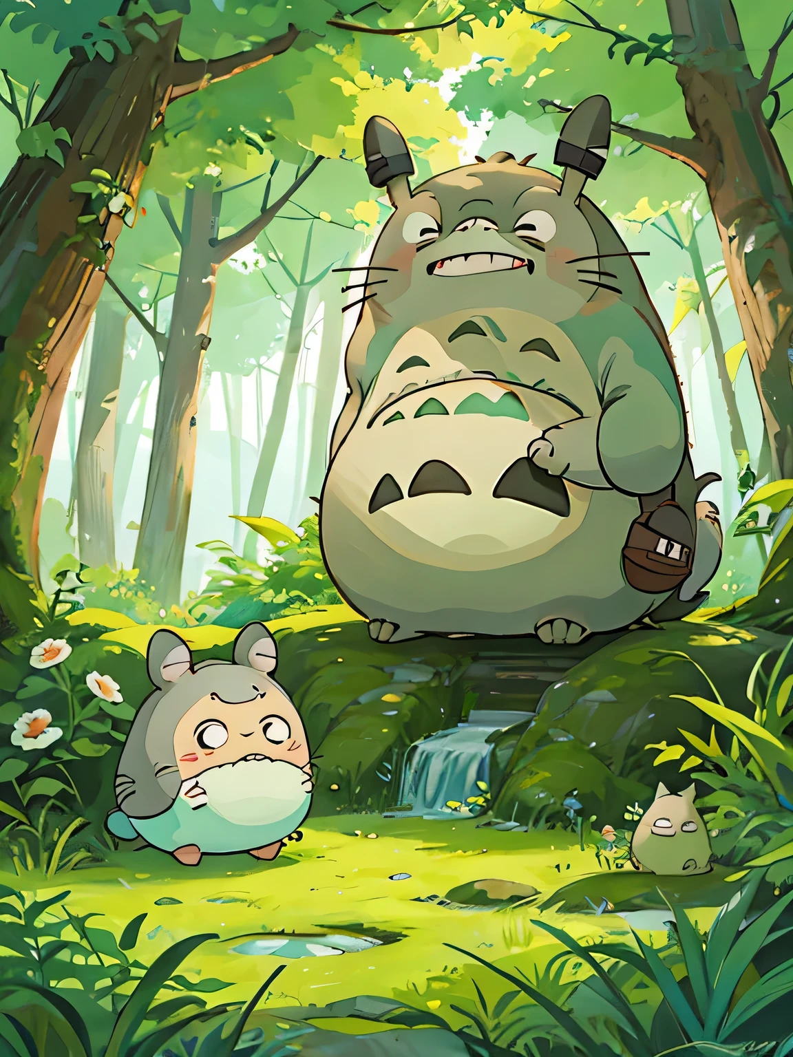 Hayao Miyazaki style, Kawaii Design, most beautiful girl ever、Chibi, huging with TOTORO, Totoro Forest