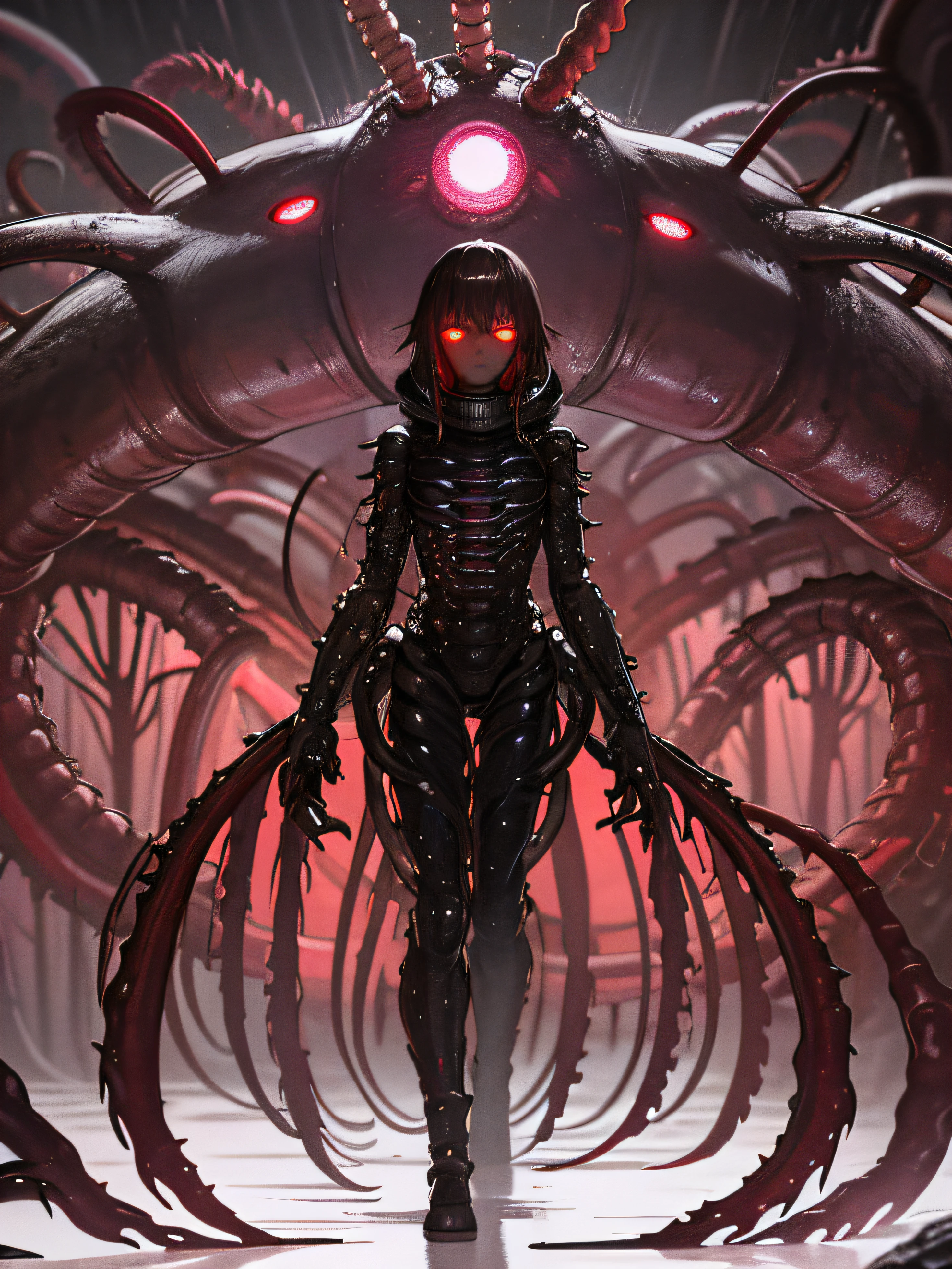 ((meat worm biopunk horror)), (beautiful anime biopunk girl), (dark brown skin), glowing eyes, brown hair, short tentacle clothing, gloomy cold lighting, (scorn videogame style), horror atmosphere, (presence of something terrible), highly detailed biopunk background, background by Hans Giger, perfect anatomy, masterpiece