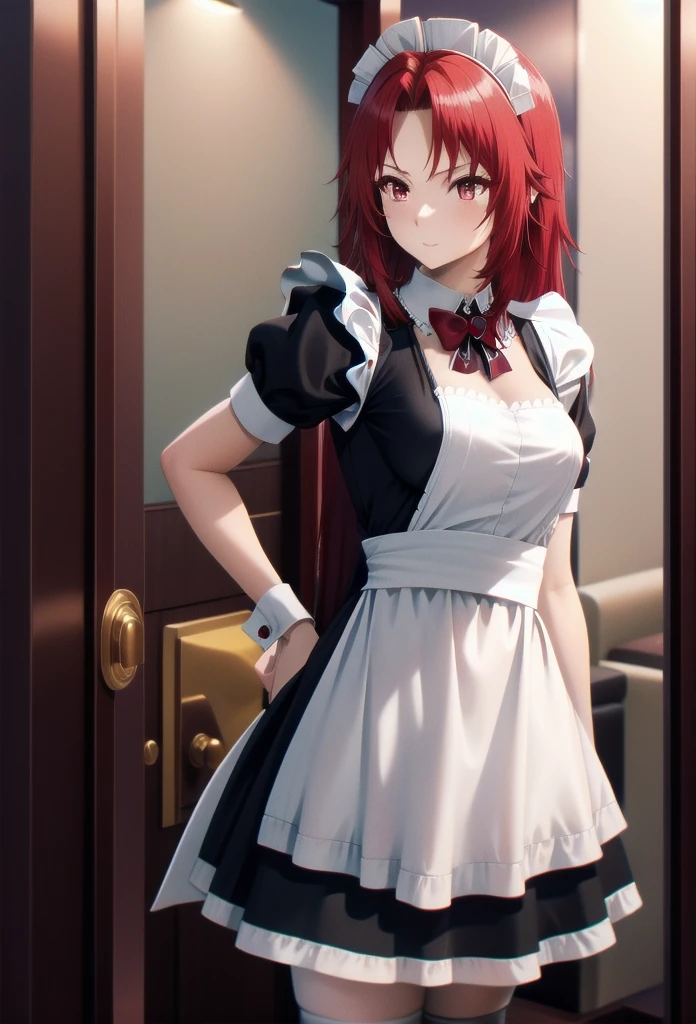 best quality, red hair,red eyes,masterpiece, highres, solo, (maid:1.40), (short sexy maid dress:1.15),clavage
