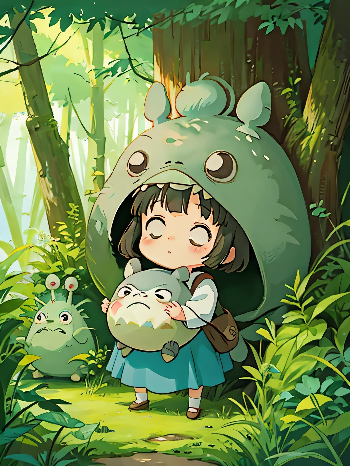 Hayao Miyazaki style, Kawaii Design, most beautiful girl ever、Chibi, huging with TOTORO, Totoro Forest