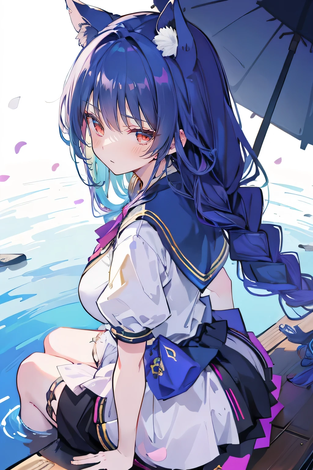 (masterpiece:1.2),Super detailed,lifelike,Expressive eyes,fair skin,perfect face shape,1 girl,
Japanese comics,Gorgeous blue hair,flowing blue hair,flowing clothes,Cat ears,Petals fall,beautiful lola,Baby Angel,
Shaking head with one hand,Cross your legs,Gentle and peaceful background,The pavilion is cool and comfortable,smile, wearing hoodie, background of tokyo,back views,snowing, winter,lie on the water.(Best Quality: 1.3), (Masterpiece: 1.3), (Illustration: 1.3), (Ultra Detailed: 1.3), (Imide Lens: 0.9), 1girl, Medium Breasts, Purple Eyes, ((Dark Blue Hair) ), hair accessories, young, clothing-gladiia, long hair, dark blue hair, indoors, black shorts, high socks, low ponytail, expressionless, upper body, close-up, coat, skirt,fgo style,like \(destiny\), like Adult, hair length, underwear, masterpiece, Top quality, 1 Girl, looking at the audience,(((braid)))、shameful face、Embarrassed face、Long body、huge 、