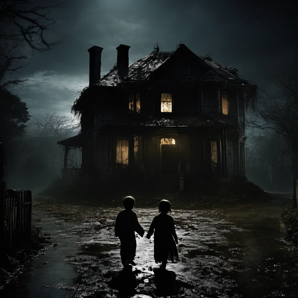 (masterpiece, Best quality:1.2), horror scene, Dark Street, House, black eyes, children