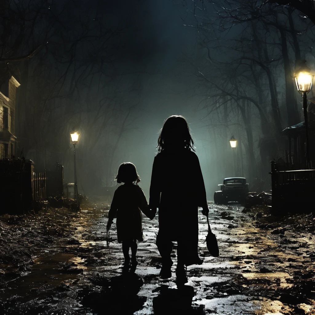 (masterpiece, Best quality:1.2), horror scene, Dark Street, House, black eyes, children